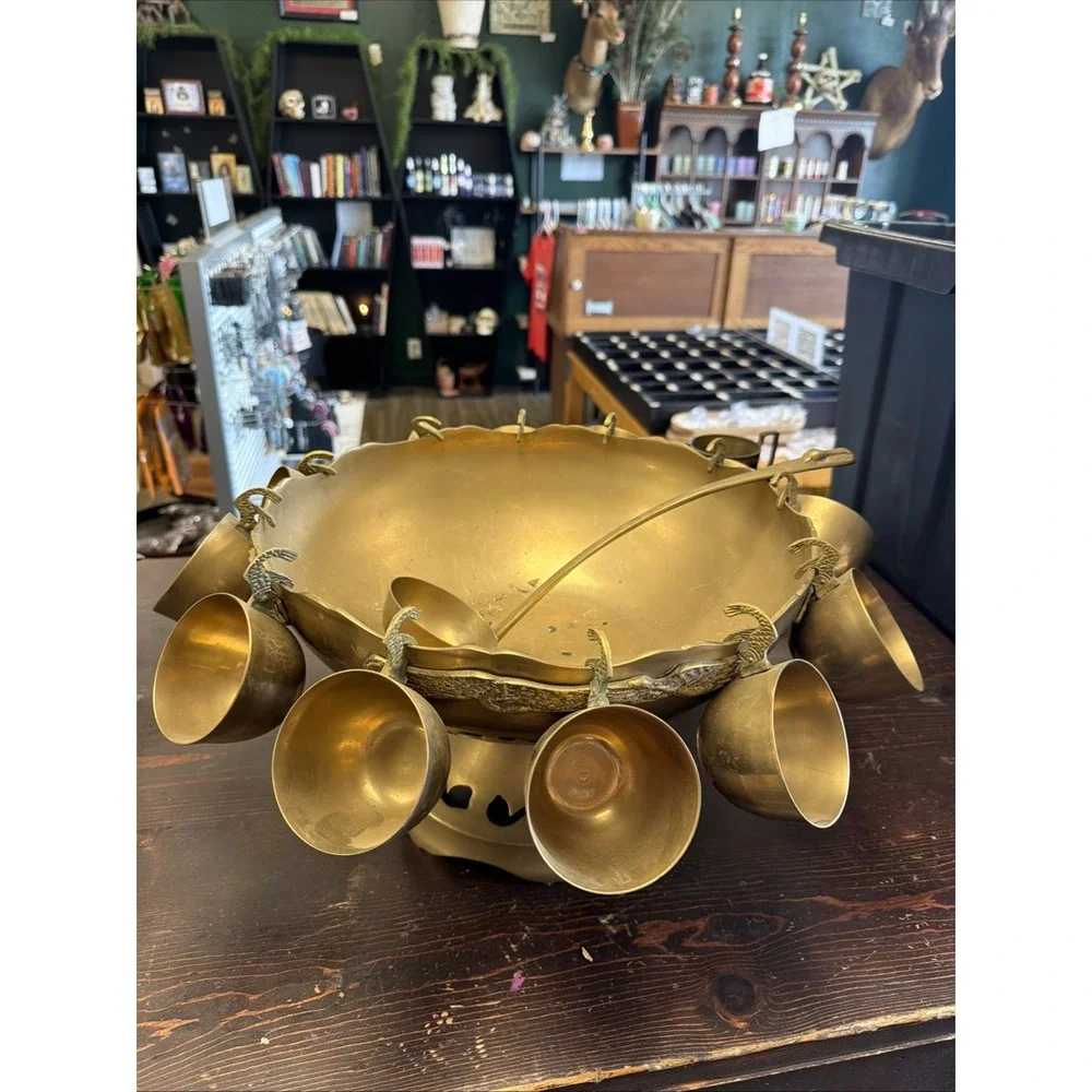 Vintage Brass Punch Bowl Set With 12 Cups and Ladle.